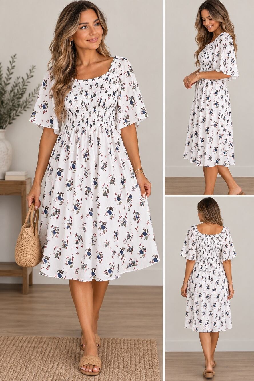 Roolee Size Small Smocked Shift Dress White Floral Flutter Sleeve